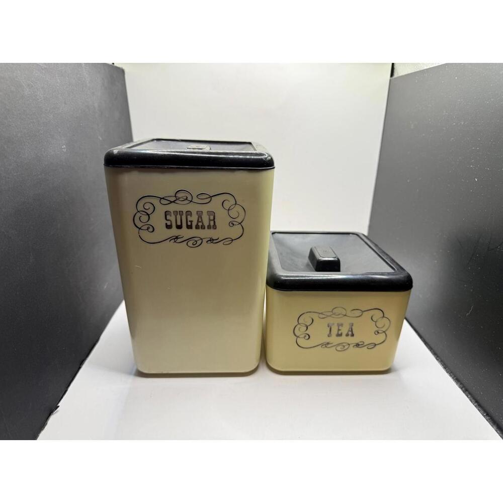 Vintage MCM Beacon Ivory & Black Plastic Sugar & Tea Kitchen Canister Set of 2
